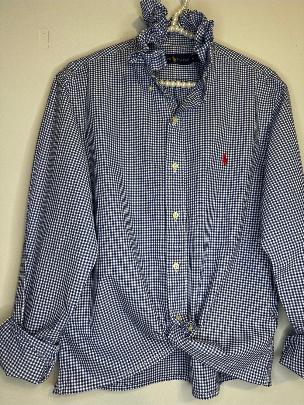Ralph Lauren Navy and White Gingham Ruffled collar Shirt